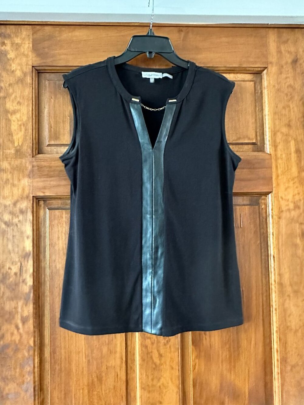 Black Sleeveless Blouse with Faux‑Leather Front Detail